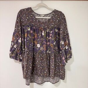 Floral Tiered Tunic 18/20W Purple Ruffle Bell Sleeve Cottagecore Fairy Romantic
